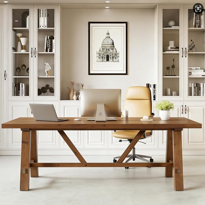 LITTLE TREE 70.87" Long Large Wood Desks, Solid Wood Office Desk, Farmhouse Executive Computer Desk, Home Office Workstaticon, Work Writing Table, Rustic Brown | Farmhouse Executive Computer Desk, Home Office Workstaticon, Work Writing Table, Rustic Brown