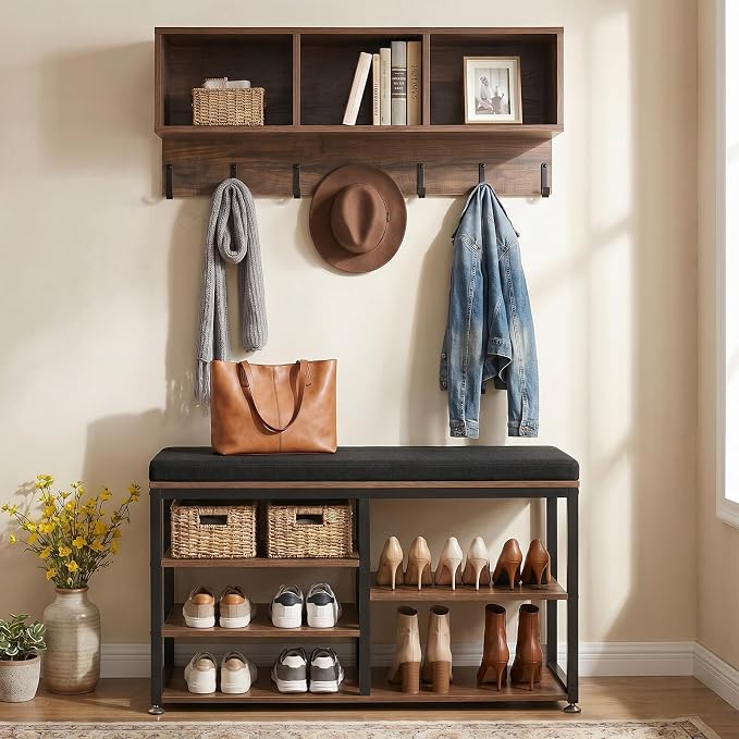 VEVOR Coat Rack with Shoe Bench, 3-in-1 Shoe Coat Rack Combo Set with Hooks and Bookshelf, Steel Frame Hall Tree Entrance Storage Organizer Holder for Entry, Bedroom, Closet, Office, Rustic Brown