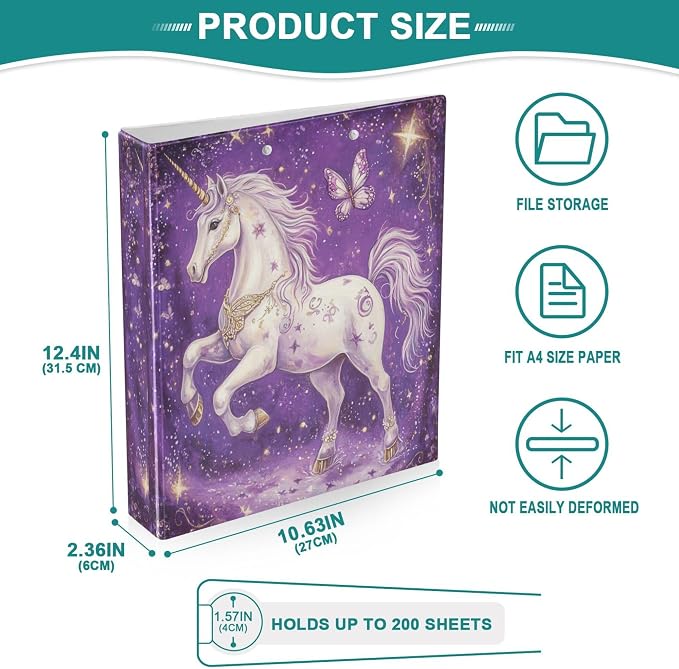 Dream Unicorn Butterfly Round Ring Binders 1.5 Inch Purple Horse Fairy Tale Style 3 Ring Clipboard Binder for Office School Work Supplies File Folder Document 200 Sheet Capacity Easy Open 2 Pieces