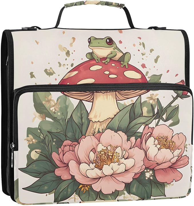 3 Ring Zipper Binder with Shoulder Strap Mushroom Frog Flower 1.5 inch Binders Keeper Large Capacity Multi Pockets for School Office Supplies