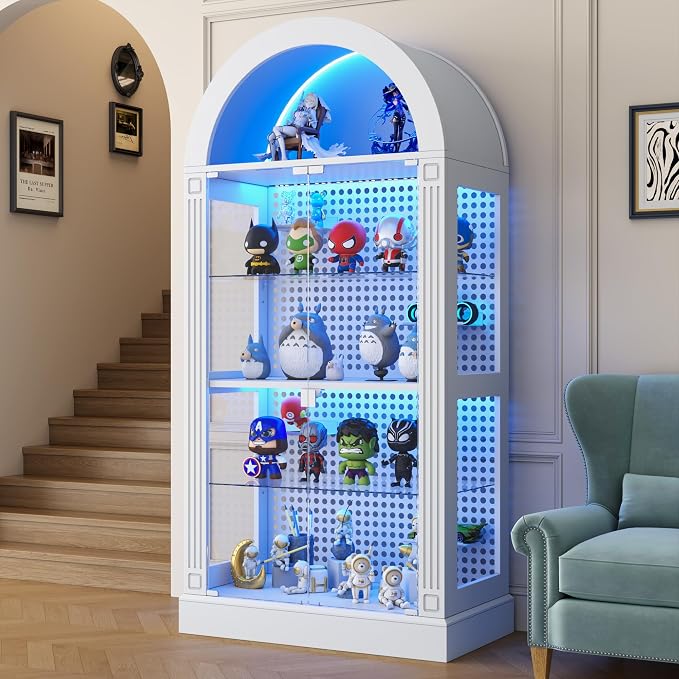 kepptory 71" Arched Display Cabinet with Glass Doors and LED, 5-Tier Curio Cabinet with Roman Line Design and Pegboard, Glass Display Case China Cabinet for Collectibles, Black