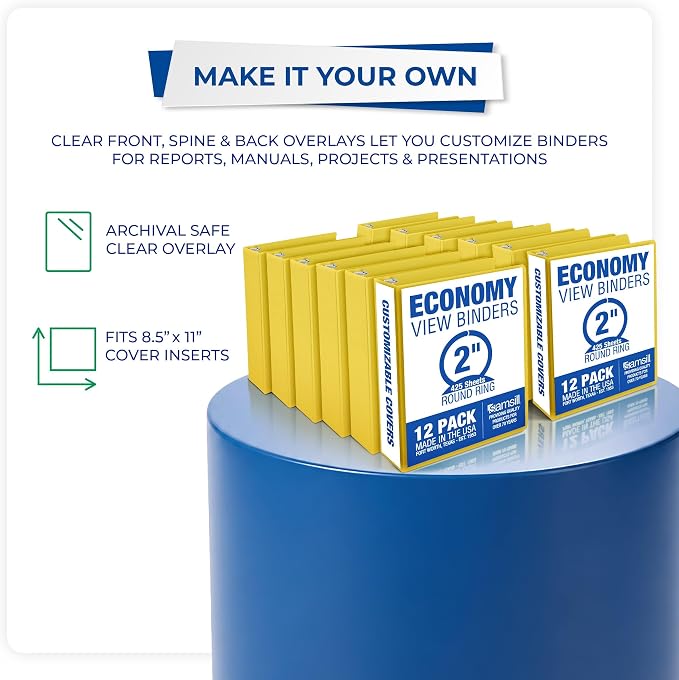 Samsill 2 Inch 3 Ring Binders, Economy Round Ring, Clear View Cover, 425 Sheet Capacity - for School, Home, Office - Yellow, 12 Pack