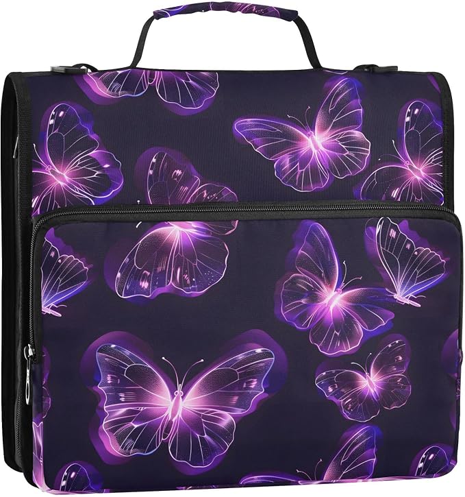 Butterflies Purple Neon 3 Ring Binder Bag 1.5 inch Binder Organizer with Zipper Shoulder Strap 500 Sheet Documents Storage for School Office