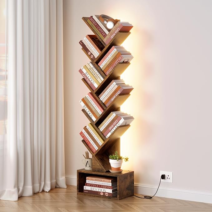 Hoctieon 9 Tier Tree Bookshelf, Tall Bookcase, Freestanding Book Shelf with LED Lights, Display Floor Standing Storage Shelf, Book Organizer Shelves for Home Office, Living Room, Rustic Brown