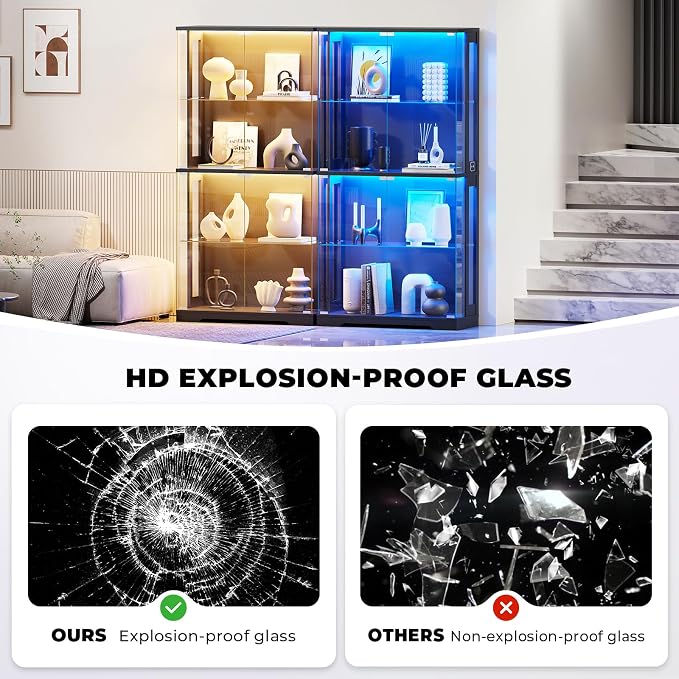 Glass Display Cabinet with Doors and Lights, 4-Tier Curio Cabinet, Black | Display Case with Transparent Full-Display Surface for Collectibles, Storage Cabinets with Human Body Sensor for Living Room