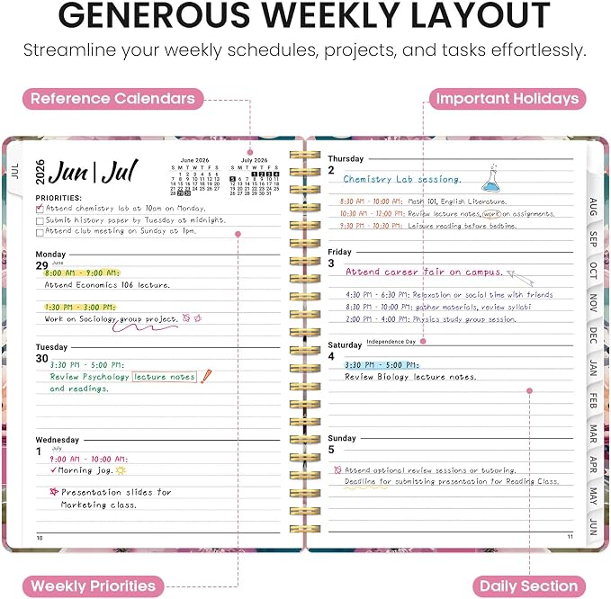 Academic Planner 2026-2027, Monthly & Weekly Jul 2026-Jun 2027 Planner | 6.3" x 8.5" Calendar Planner for Women, Hardcover Pretty Organizer for Women, School Office Home Supplies, Petaline Wash