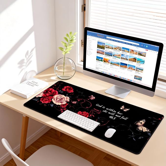 Floral Aesthetic Rose Gaming Mouse Pad, Black Red Gothic Desk Mat with Anti-Slip Base & Stitched Edges, Office & Home Desk Decor for Women, 35.4" x 15.7" in Computer Desktop Mat