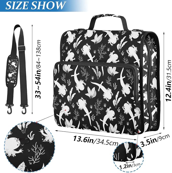 Fisyme Sea Fish Axolotls Zipper Binder 3 Ring with Zipper and Shoulder Strap Large Capacity Multi-Pocket Zipper Binder Organizer