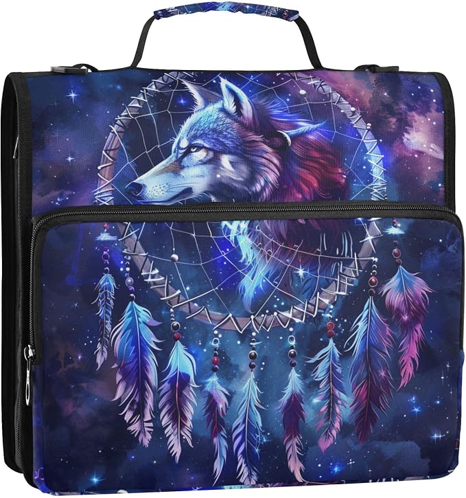 Wolf Head Dreamcatcher Galaxy 3 Ring Binder Bag 1.5 inch Binder Organizer with Zipper Shoulder Strap 500 Sheet Documents Storage for School Office