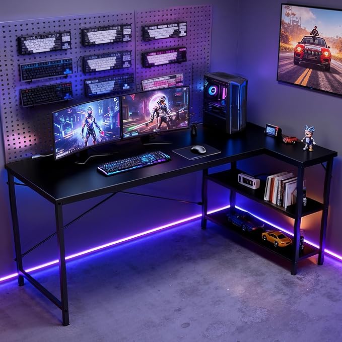 DUMOS 55 Inch L Shaped Desk, Computer Gaming Corner Desks with Shelves | Home Office PC Table, Writing Working Study Desk for Bedroom Dorm, Reversible Design, Black