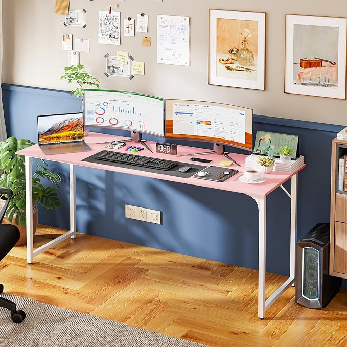 PayLessHere | 63 Inch Computer Desk | Pink | Office Desk with Metal Frame, Adjustable Feet | Water-Resistant, Scratchproof Surface | Sturdy Writing Table for Home Office or Study | Pack of 1