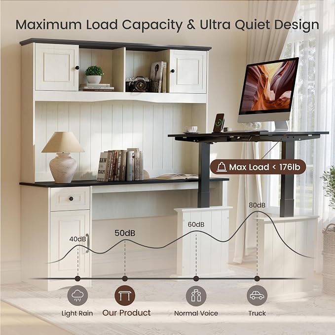 FEZIBO 80x60 L Shaped Electric Standing Desk with Hutch and Drawers, Farmhouse Height Adjustable Sit Stand Desk with Cabinets, Large Corner Home Office Computer Desk with Power Outlets, Antique White