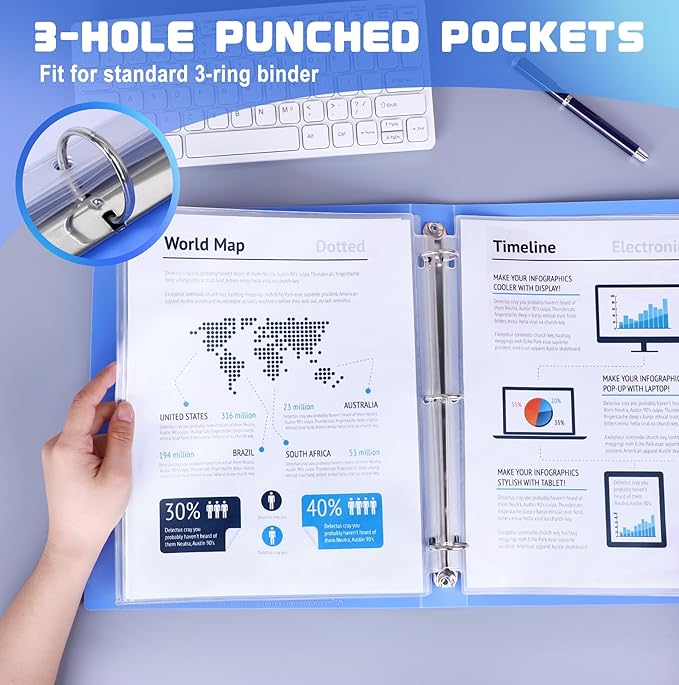 10 Pack Letter Size Binder Pockets 3 Ring Binder Zipper Pouch, 3-Hole Waterproof Resealable Zip Loose Leaf Insert Bags PVC Document Organizer Folders Page Sheet Protectors for 8.5x11 Paper
