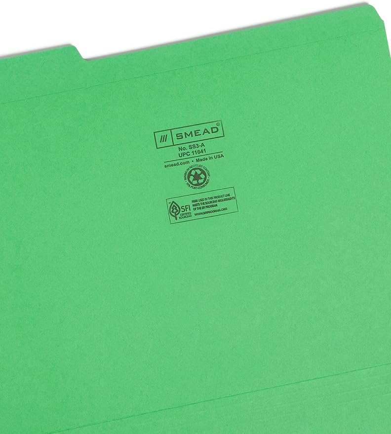 Smead File Folder, Reinforced 1/3-Cut Tab, Letter Size, Assorted Colors, 12 per Pack (11641)