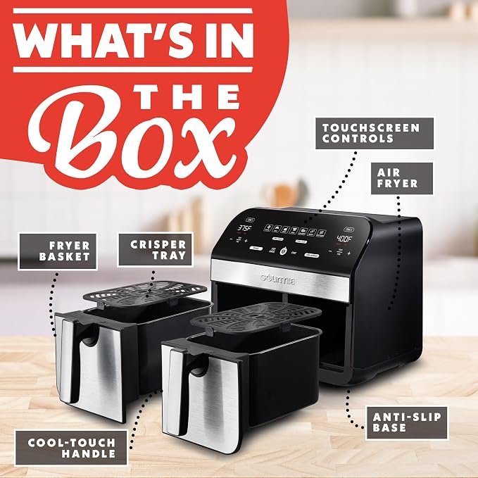 Gourmia Dual Basket Air Fryer - 10 Qt Large Capacity, FryForce360º, Digital Display with 7 Presets, Roast, Bake, Broil, Dehydrate, Match Cook, Sync Finish, Dishwasher Safe Accessories, Black
