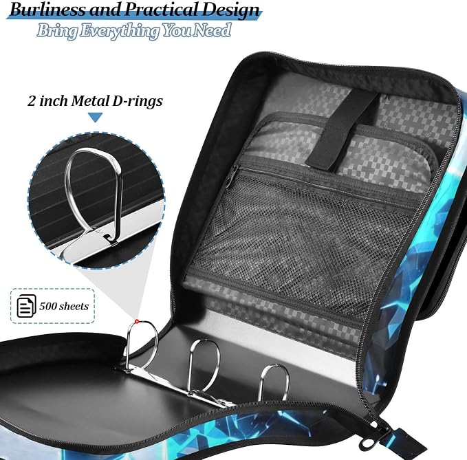 3D Soccer Football Blue 3 Ring Binder Bag 1.5 inch Binder Organizer with Zipper Shoulder Strap 500 Sheet Documents Storage for School Office