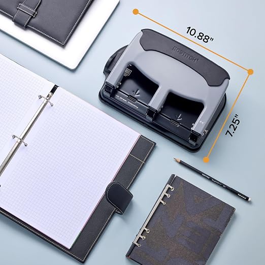 Bostitch EZ Squeeze 3 Hole Paper Punch, 40 Sheet Capacity, Heavy Duty Metal Office Hole Puncher with Chip Tray, Non-Slip Base & Paper Guide, 9/32" Holes for Binders, School & Home Office