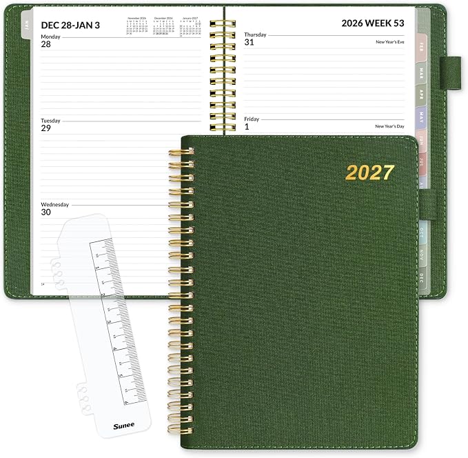 SUNEE 2027 Weekly & Monthly Planner 6.2"x8.5"- 12 Month (January 2027 - December 2027), Vegan Leather Cover, Pocket, Bookmark, Notes, Monthly Tab, Deep Green