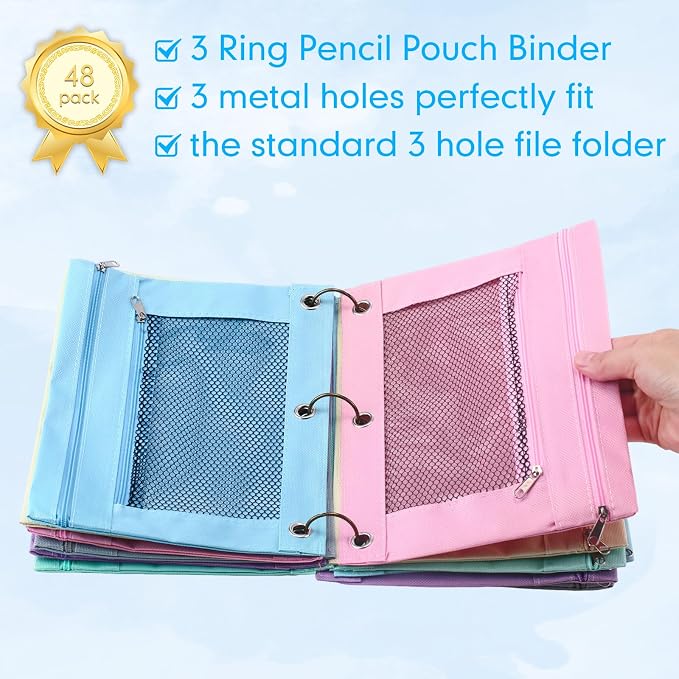 Leelosp 48 Pack Pencil Pouch for 3 Ring Binder,Cute Color | Bulk Mesh Zipper Binder Pouches Pencil Boxes for Classroom Pencils Case Bags for Storing School Students Teacher Supplies