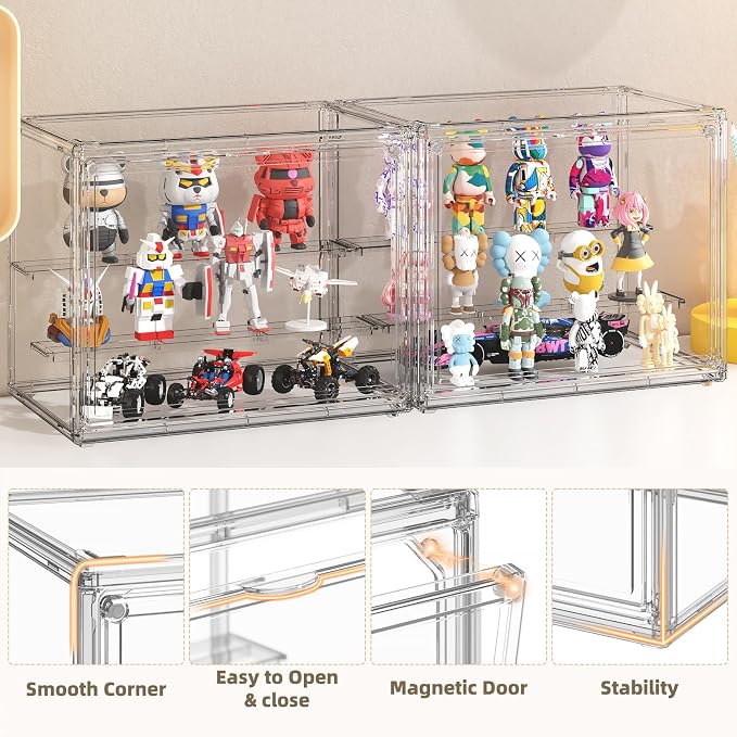 Acrylic Display Case 2 Pack, 3 Tiers Clear Figure Display Cases for Collectibles Stackable Storage Box with Magnetic Door Dustproof Showcase