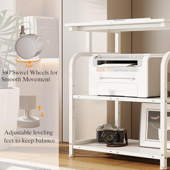 Unionly Large Rolling Printer Stand with Height Adjustable Shelf and Wheels | 3-Tier Rolling Printer Cart with Wheels, Heavy-Duty Wood Printer Table with strudy steel frame for Home Office,White