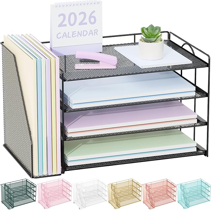 Spacrea 4-Tier Paper Organizer for Desk with File Organizer | Desk Organizers and Accessories Desk Accessories & Workspace Organizers for Office Supplies (Black)