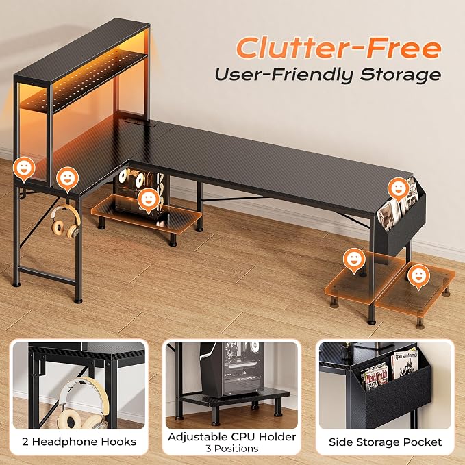 L Shaped Gaming Desk with LED Lights & Power Outlets | Reversible Computer Desk with Storage Shelves & Bag, Large Corner Home Office Desk for Work from Home, Carbon Fiber Black
