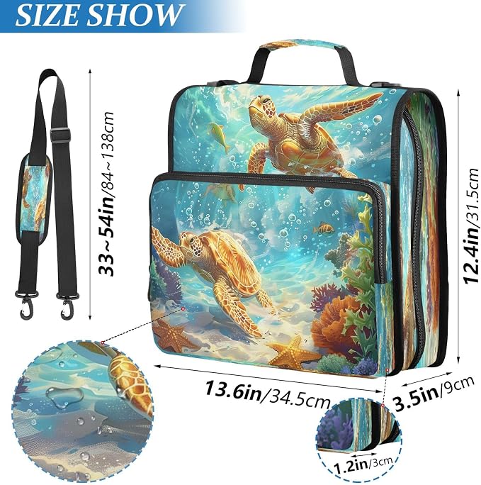 ALAZA Zipper Binder 3 Ring Sea Turtles on The Sea Binder Organizer with Zipper and Shoulder Strap Large Capacity Multi-Pocket Trapper Keeper File Folder for Office Supplies