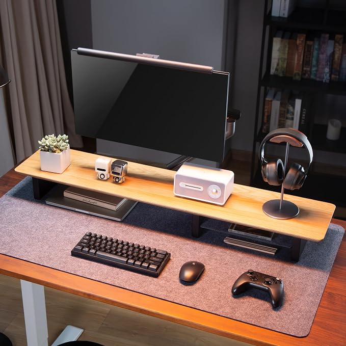 White Oak Wood Desk Shelf for Top of Desk 44 Inch Length Wood Monitor Riser with Middle Shelf