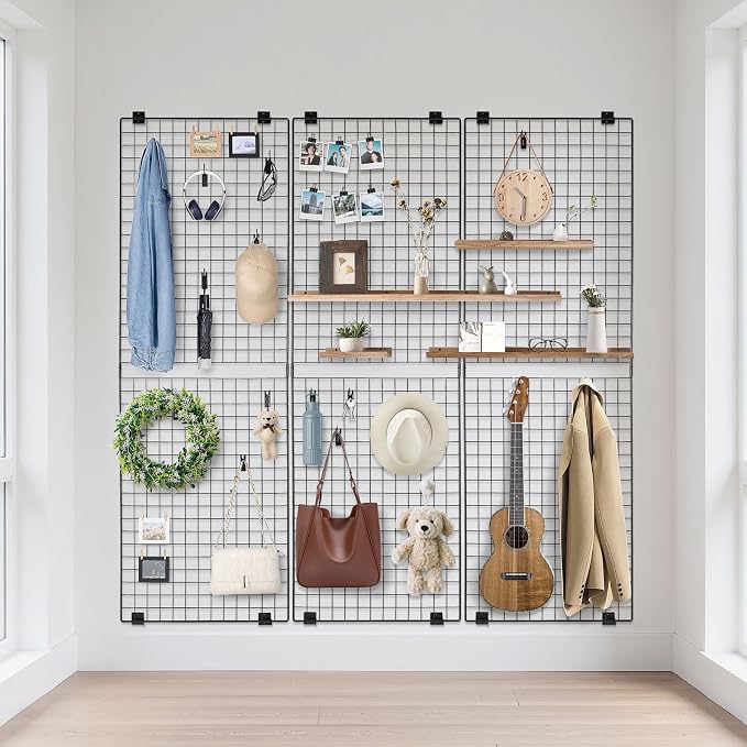 VEVOR 3 Packs Grid Wall Panels, 2 x 6 ft Wire Grid Panels Display Rack, Wall-Mounted Art Display Shelf, Black Carbon Steel Wall Hanging Gridwall for Craft Show, Decoration, Storage, Notice Board