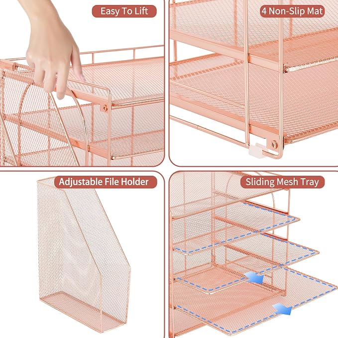 AUPSEN Rose Gold Desk Organizers and Accessories, 5-Tier Desktop Paper File Organizer with Removable File Holder, Desk Accessories & Workspace Organization for Home Office Supplies (Rose Gold)