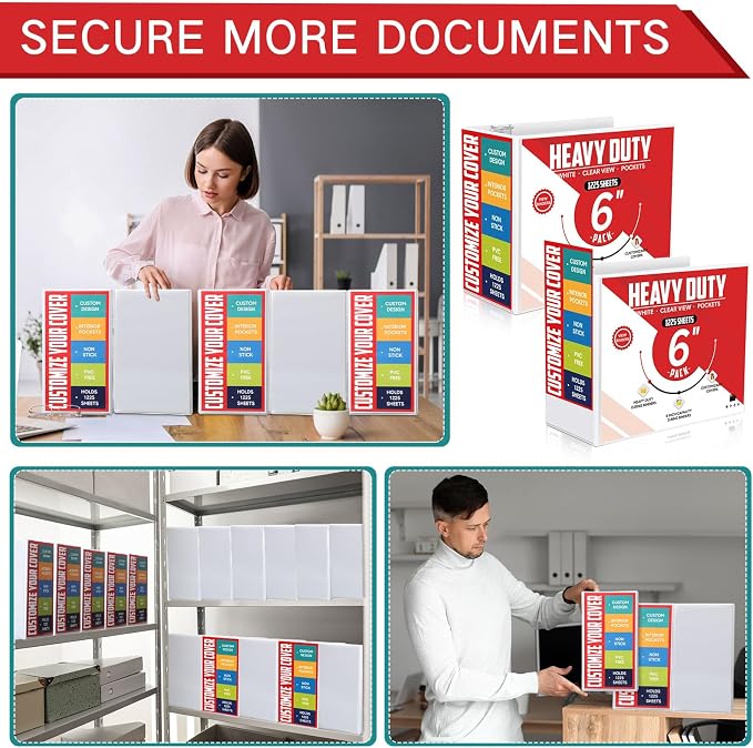 Sinload 6 Pcs 3 Ring Binder, 6 Inch Large Capacity 3 Slant D Ring Binders with Pockets, 8.5" x 11" Presentation Folder View Binder with Customizable Clear Cover for Documents Files Projects (White)