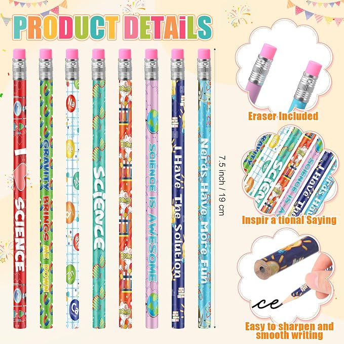 Nezyo 96 Pcs Science Pencils Bulk Science Party Favors Cute Chemistry Pencils with Erasers Motivational Back to School Gifts for Student Fun Scientist Theme Birthday Gifts Lab Reward Teacher Supplies
