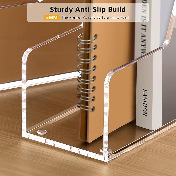 SANRUI 4 Pack Clear Acrylic Vertical File Organizer, Desk Organizer and Storage Bins Holding for Magazines, Binders, Notebooks, Envelopes, Multi-purpose Document Organizer for Home Office