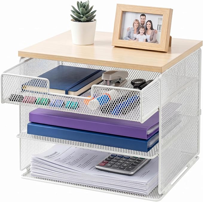4-Tier Mesh Desk Organizer and Accessories with Drawer Wooden Top Desktop Organizers Letter Tray Paper Organizer File Holder for Home Office School White