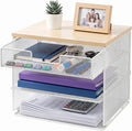 4-Tier Mesh Desk Organizer and Accessories with Drawer Wooden Top Desktop Organizers Letter Tray Paper Organizer File Holder for Home Office School White