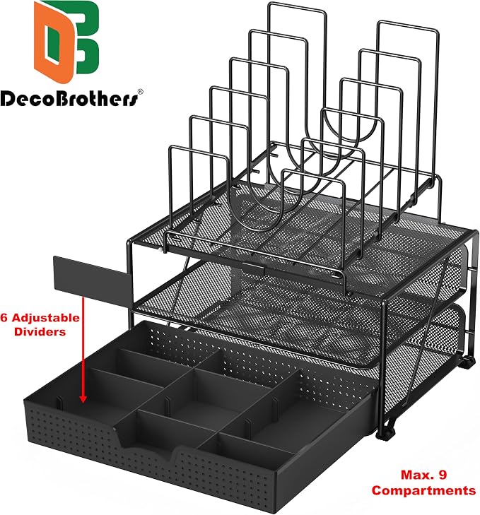 Deco Brothers Desktop File Organizer with Double Tray and 5 Folder Stand | Sliding Drawer with Adjustable Dividers, Black