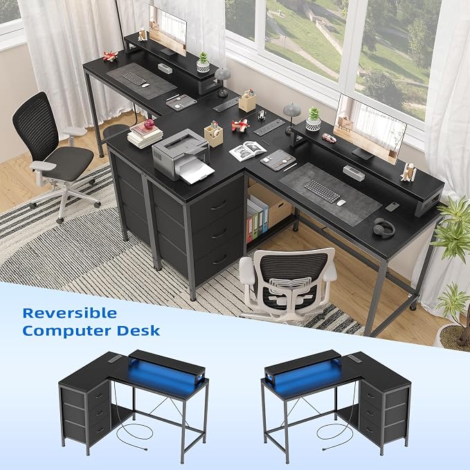 Garvee L-Shaped Computer Desk with Power Outlets & LED Lights - 43-Inch Reversible Corner Gaming Desk with 3 Drawers, Storage Shelves & Removable Monitor Stand, Modern Home Office Desk