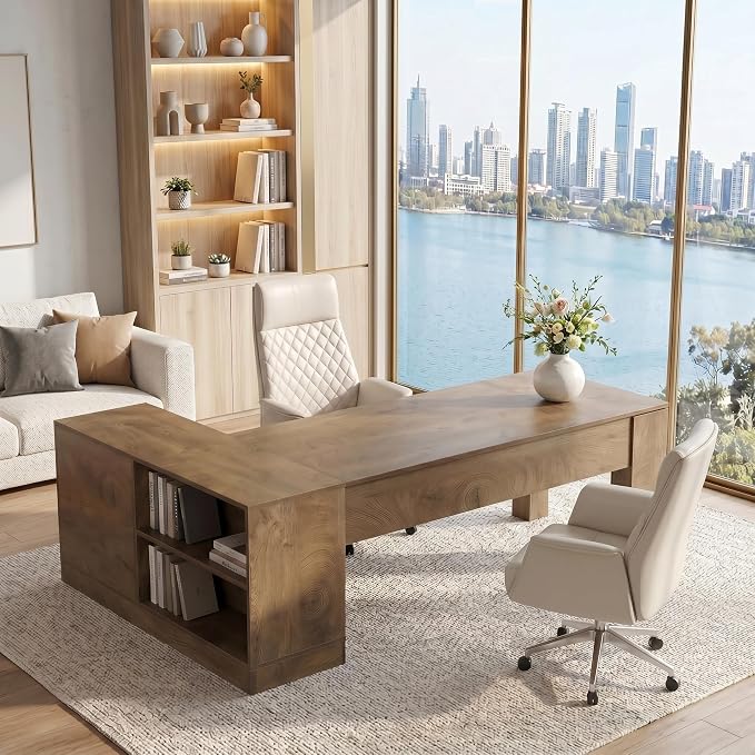 LITTLE TREE 78.7" L Shaped Office Desk with Drawers | Executive Computer Desk with Open Shelves Storage, Farmhouse Large Wooden L Desks Business Furniture, Brown