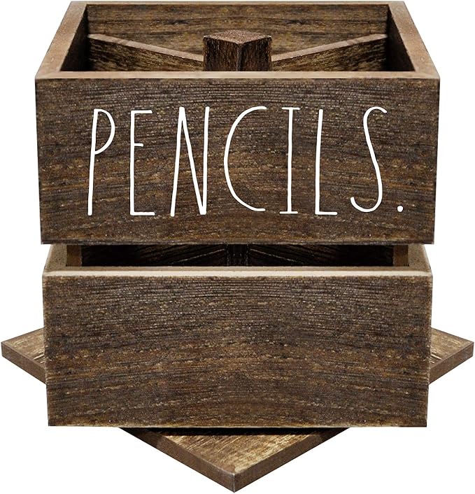 Rae Dunn Pencil Cup - Wooden Pen Holder Desktop Organizer - Small Rustic Wood Desk Top Caddy for Office Accessories and Supplies - Organization for Home, School, Classroom, Work - Square Dark Brown