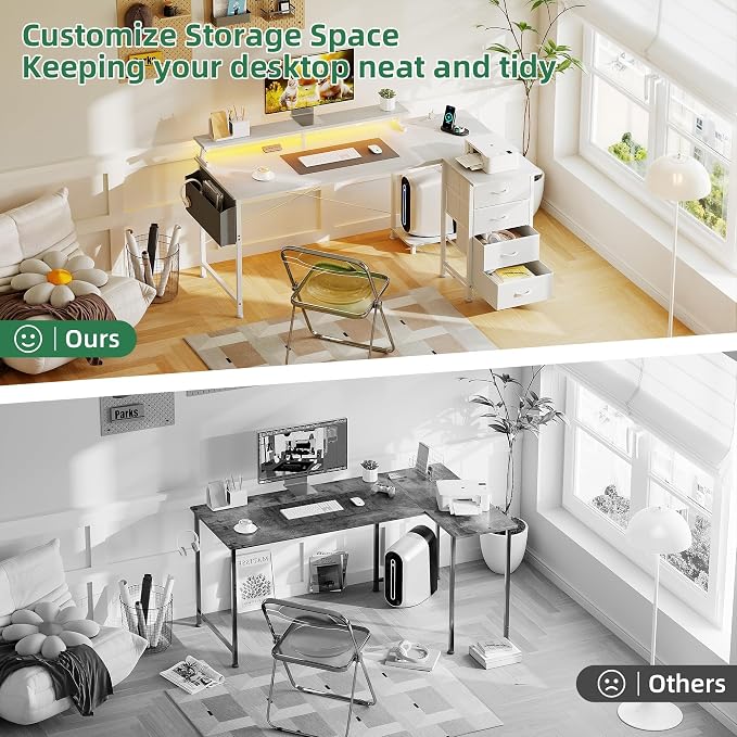 VERMESS 63" Reversible L Shaped Gaming Computer Desk, Corner Desk with Power Outlets & Monitor Stand, Writing Study Table with 4 Storage Drawers, Desk with LED Lights, White
