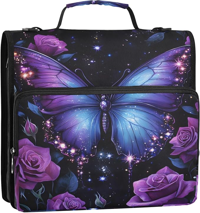 MNSRUU 3 Ring Binder Bag, 2 Inch D-Rings Easily Organizes 1 Inch Fits Letter Sized Paper, Butterfly Rose Large 3 Hole Zipper Binder Organizer for School Office Supplies
