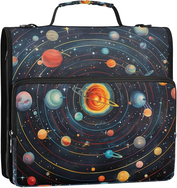 MNSRUU 3 Ring Binder Bag, 2 Inch D-Rings Easily Organizes 1 Inch Fits Letter Sized Paper, Universe Galaxy Planet Large 3 Hole Zipper Binder Organizer for School Office Supplies