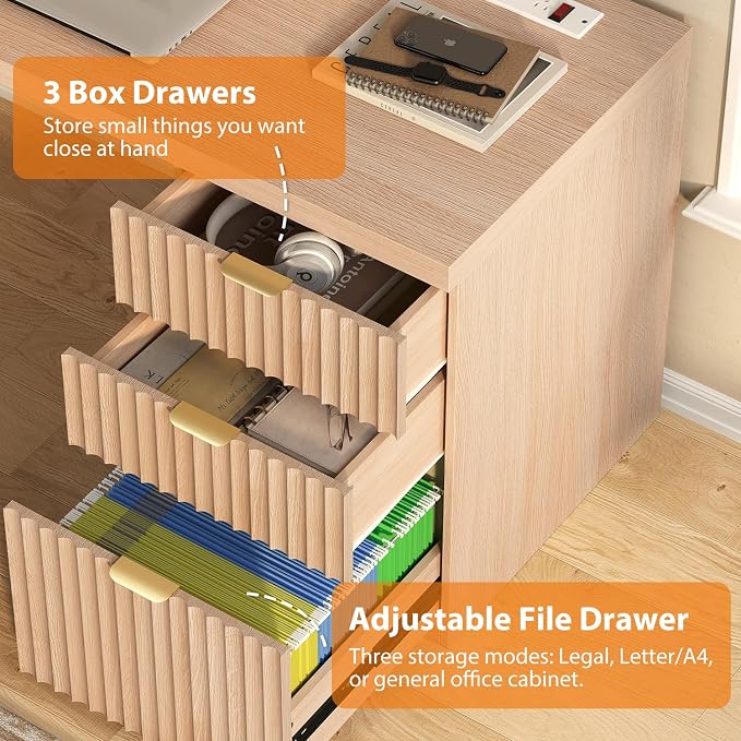 60" Fluted Executive Desk with Ample File Drawer & Large Charging Station, Wood Modern Home Office Desk with Storage, Computer Writing Desk for Work, Living Room, Bedroom, Durable & Sturdy, Natural