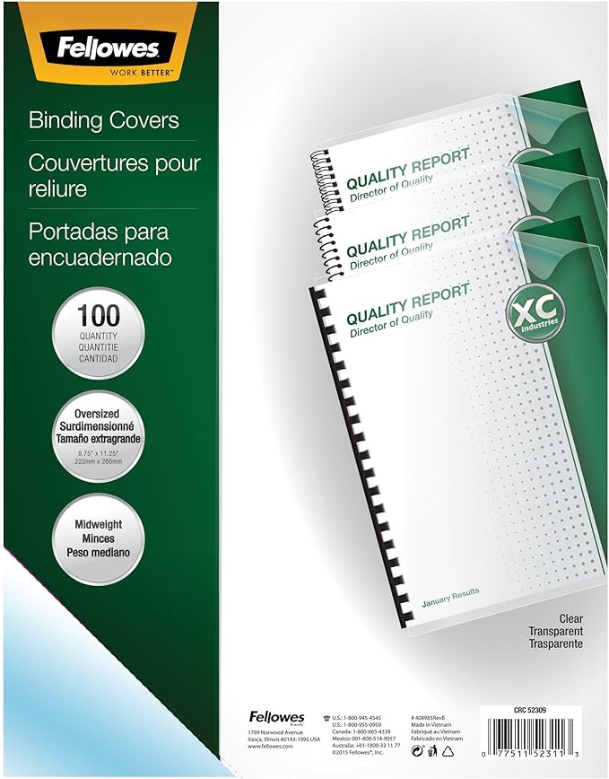 Fellowes Transparent PVC Binding Covers, Oversize, 100 Pack (52311)