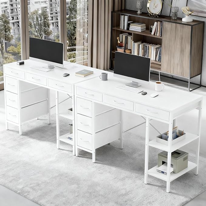 Simple Deluxe Computer Desk with 6 Drawers, 55 Inch Office Workstation with Storage Shelves, Reversible Corner Gaming Table, Home Office Study Desk with Fabric Organizer, White