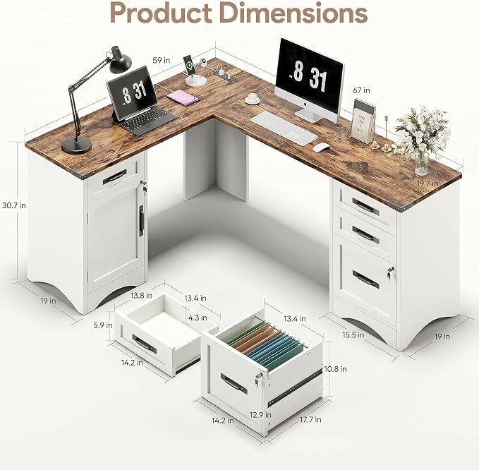 Decofy 67" Farmhouse L Shaped Standing Desk with Drawers Home Office Executive Desks with Fast Charging Station, Lockable File Cabinet, Wood Writing Computer Desk for Work, Study, White