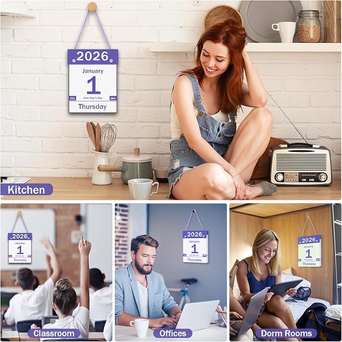 2026 Daily Wall Calendar, Tear off Page per Day with Large Print Dates | 365 Day Calendar for Seniors Gift Home Office School Dorms with Hanging String, 8.5" x 6", Purple