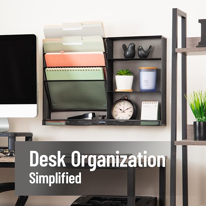 Mind Reader 4-Tier Vertical File Storage and Shelves, Desktop Organizer, Wall Mount, Office, Metal Mesh, 22.5"L x 4"W x 16"H, Black