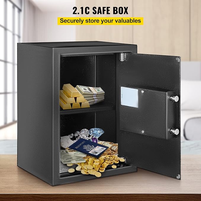 VEVOR Safe Box, 2.1 CU.FT Fingerprint Safe Box for Money w/ 2 Keys & Digital Keypad, Q235 Steel Fireproof Safe Box for Storing Cash, Jewelry, Pistols, Documents, Watches in Home & Office & Hotel